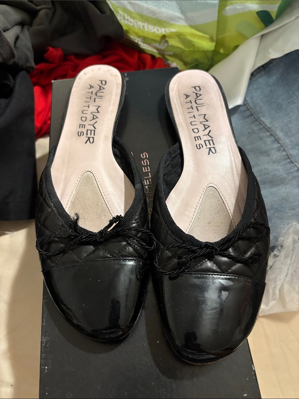 Paul Mayer Black Quilted Patent Slip-On Mules with Braided Bow